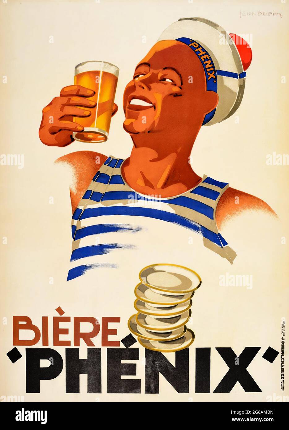 Bière Phénix’, 1930 – Vintage advertisement for alcohol. Old times advertising with a sailor drinking a beer. Stock Photo