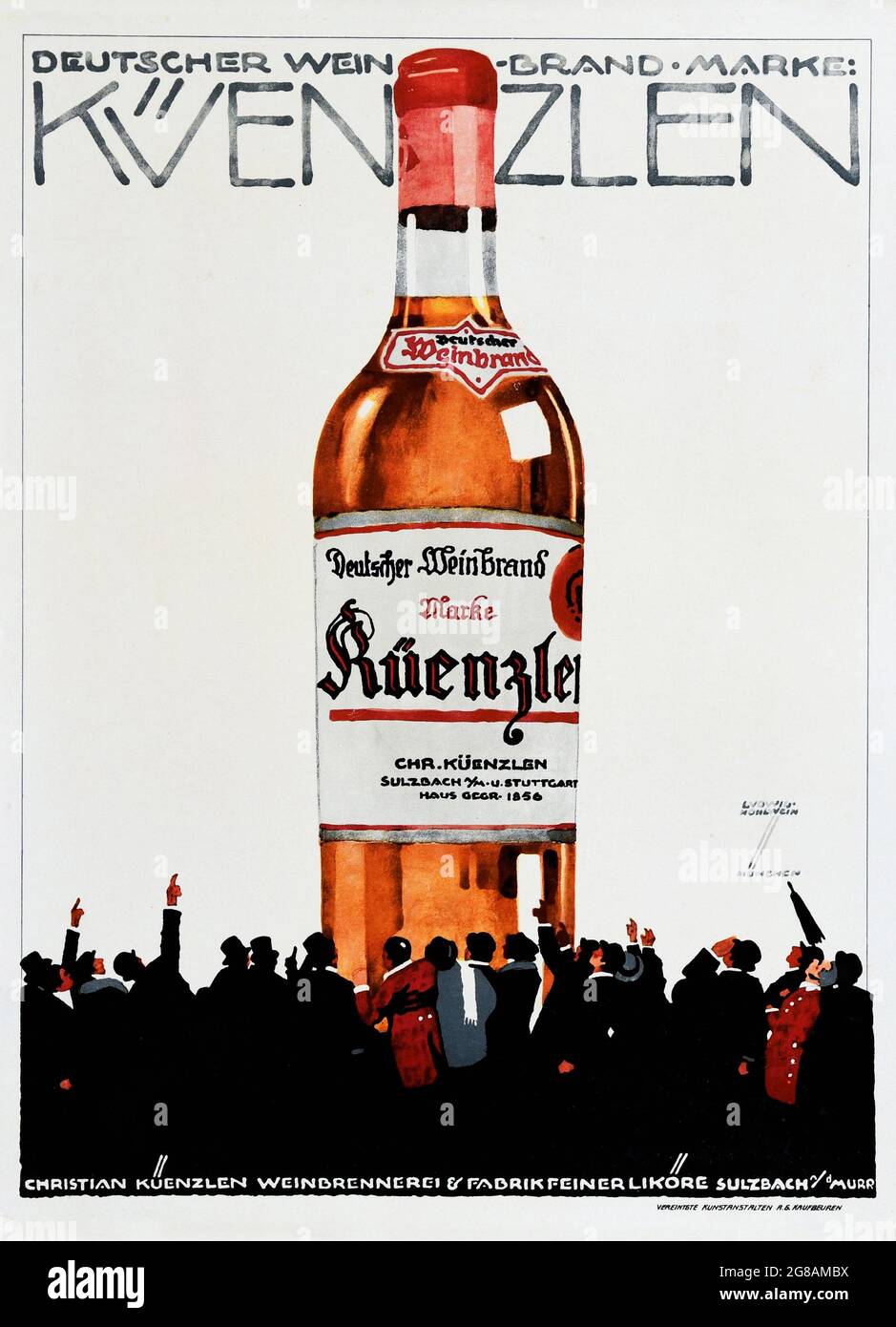 KUENZLEN GERMAN WINE, art by LUDWIG HOHLWEIN. Vintage advertisement for alcohol. Old times advertising. Stock Photo