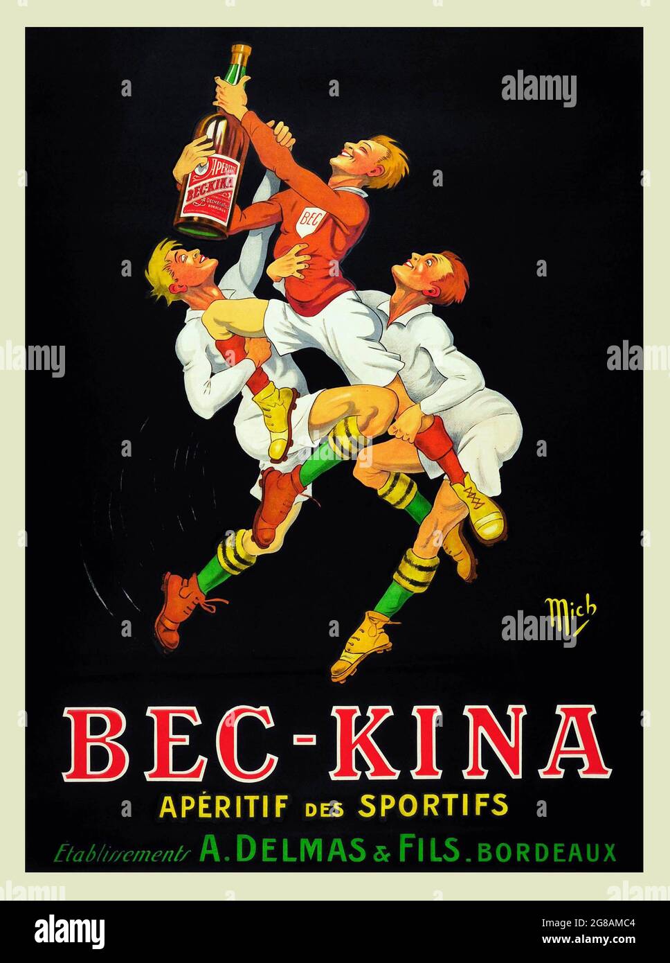 Bec-Kina French aperitif 1910. Advertisement for alcohol. Old times advertising feat. rugby players reaching for the bottle. Aperitif des Sportifs. Stock Photo