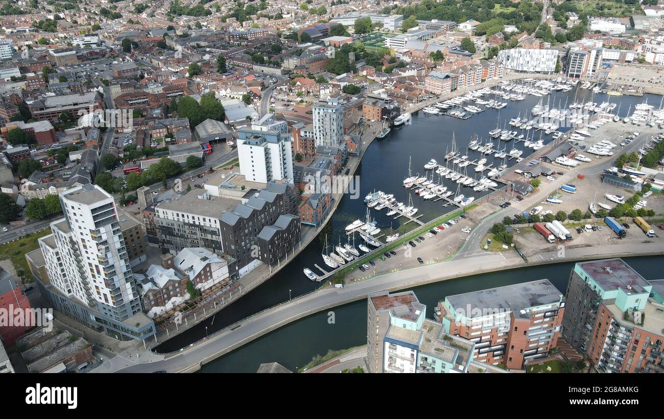 Ipswich Waterfront Suffolk UK marina and apartments aerial image Stock
