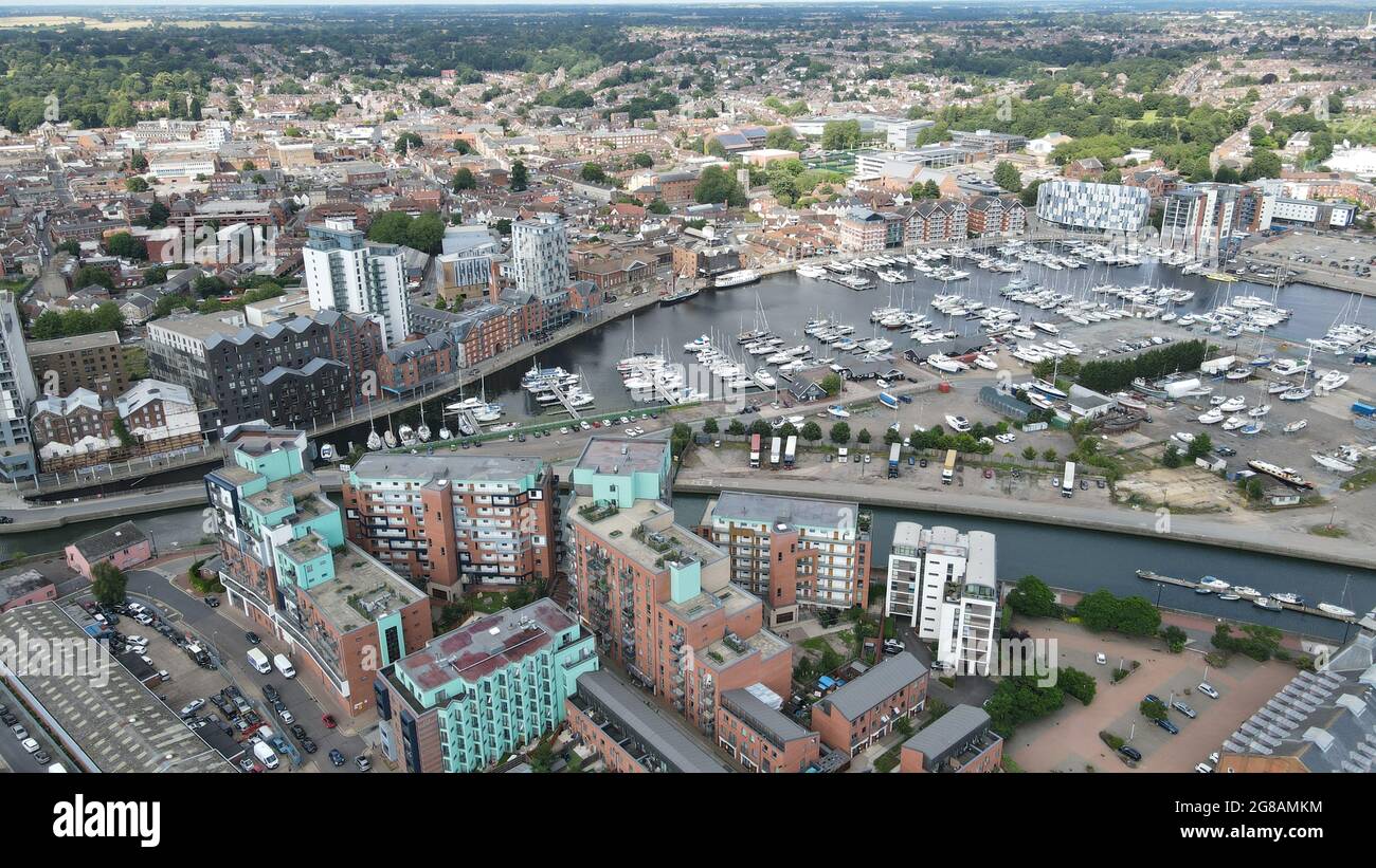 Ipswich Waterfront Suffolk UK marina and apartments aerial image Stock