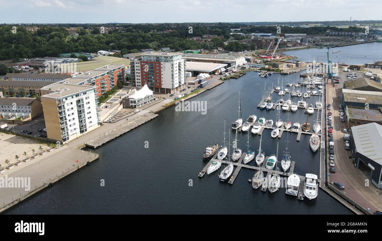 Ipswich Waterfront Suffolk UK marina and apartments aerial image Stock