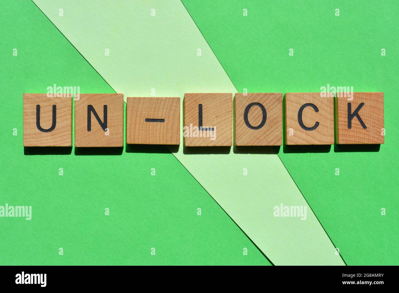 Un-Lock, unlock, word in 3d wooden alphabet letters isolated on green ...
