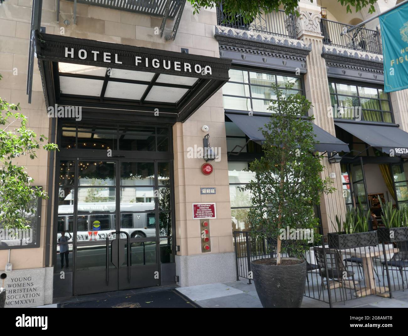 Los Angeles, California, USA 12th July 2021 A general view of atmosphere of Figeroa Hotel, where The Black Dahlia Murder Victim Elizabeth Short stayed at 939 S. Figueroa St on July 12, 2021 in Los Angeles, California, USA. Photo by Barry King/Alamy Stock Photo Stock Photo