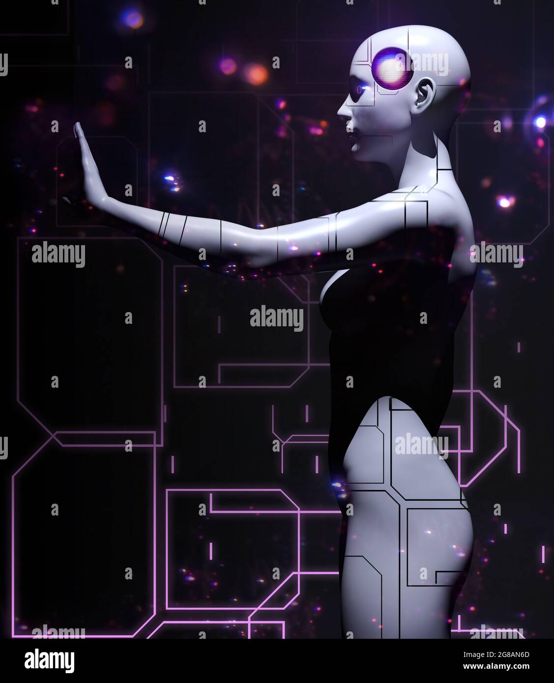 3d render illustration of female robot standing on dark colored glowing cyberspace backdrop profile view. Stock Photo