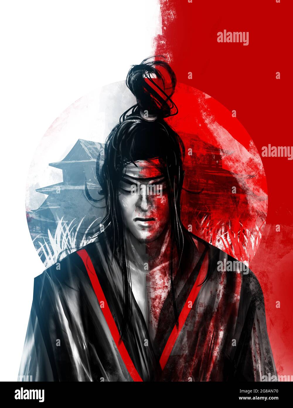 Artwork illustration of japanese samurai warrior divided on evil and good side. Stock Photo