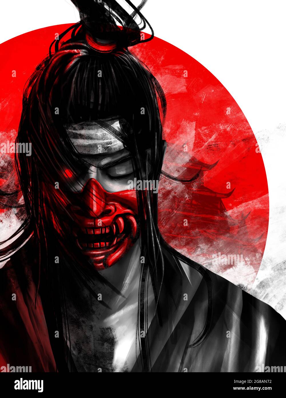 Artwork illustration of japanese samurai warrior in red mask possessed by oni demon. Stock Photo