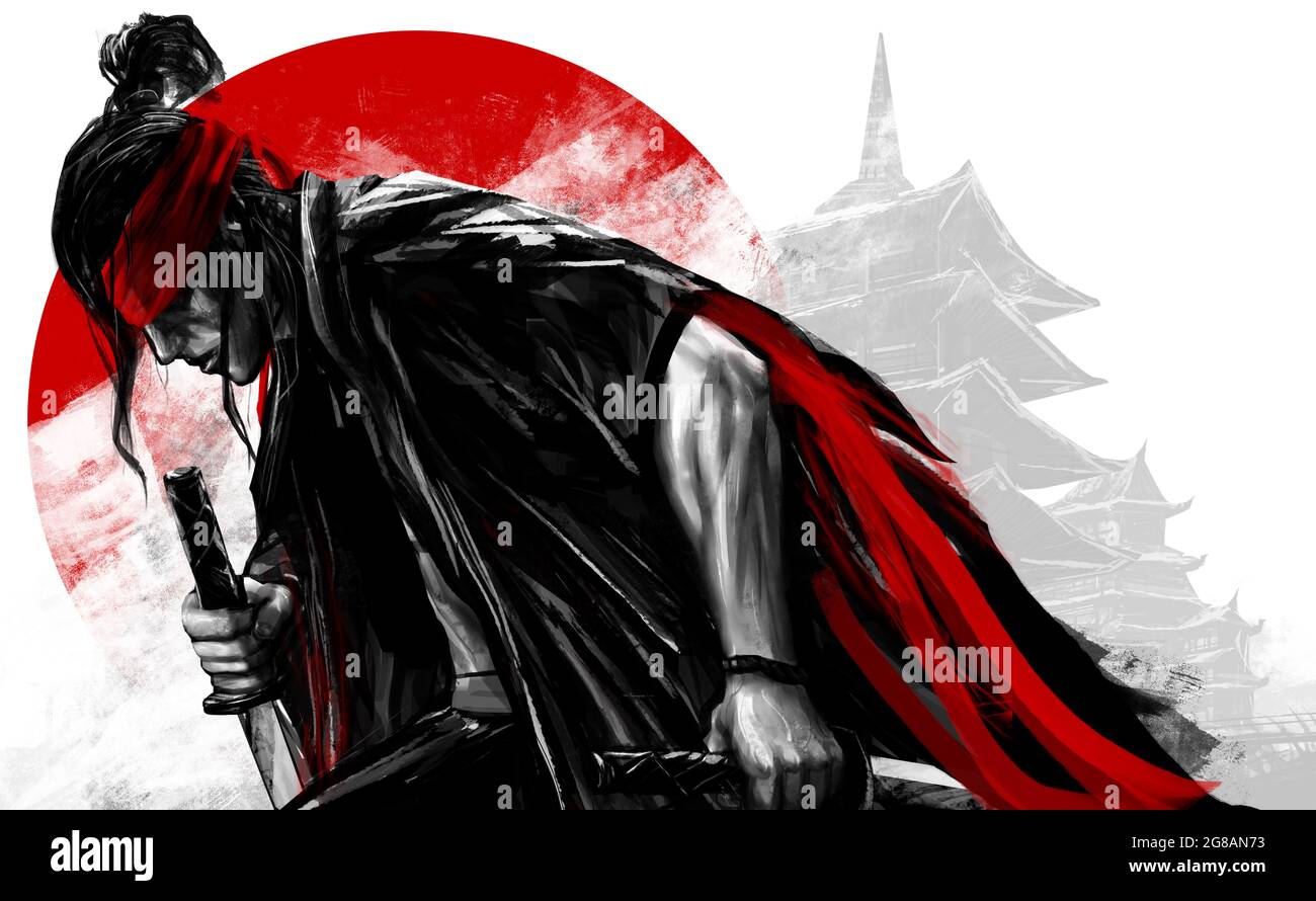Artwork illustration of japanese samurai warrior kneeling with swords. Stock Photo