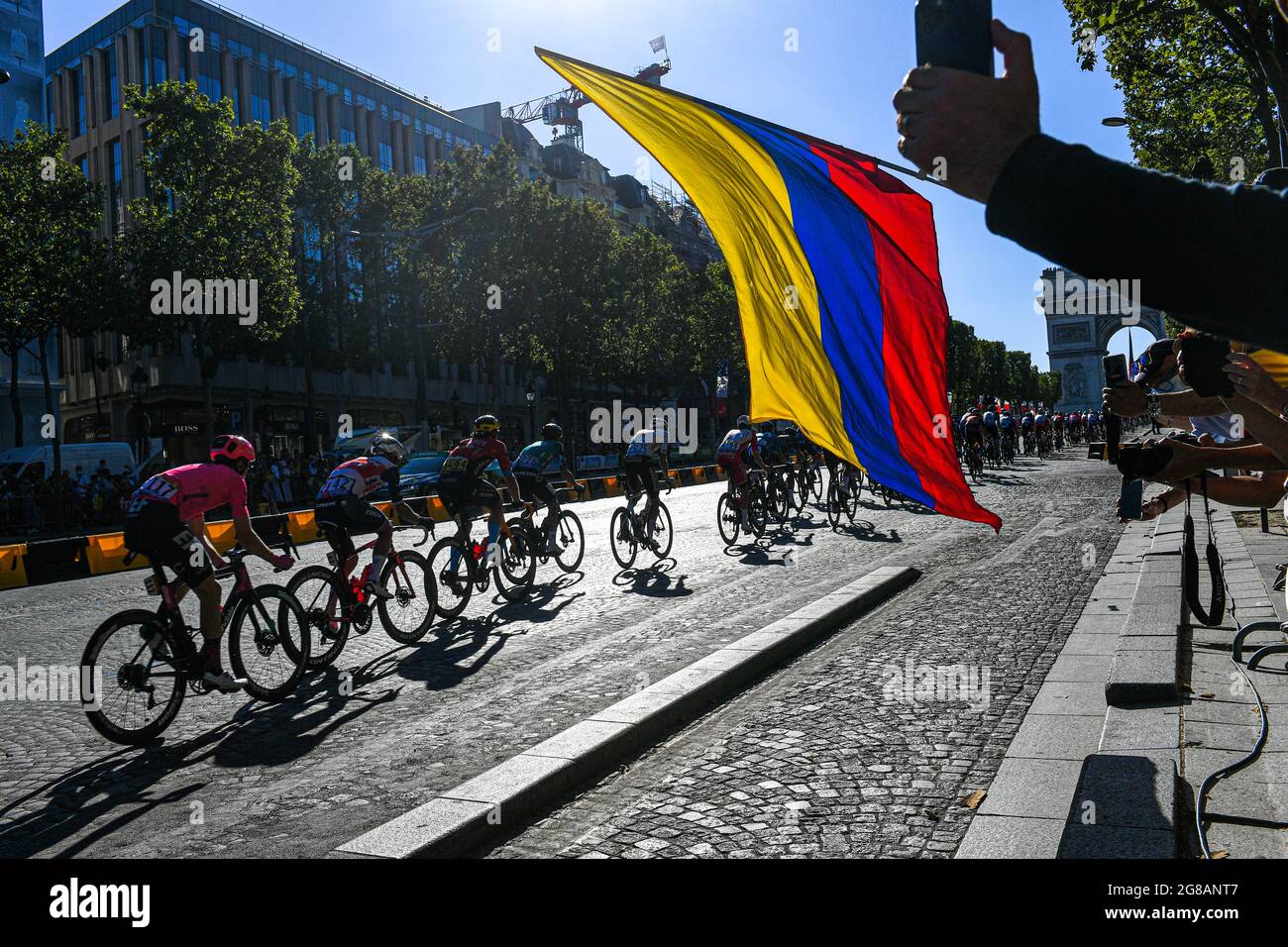Paris, France. 18th July, 2021. National flag of Colombia (Columbian flag) and the peleton during the Tour de France 2021, Cycling race stage 21, Chatou to Paris Champs-Elysees (108, 4 km) on July 18, 2021 in Paris, France. Credit: Victor Joly/Alamy Live News Stock Photo