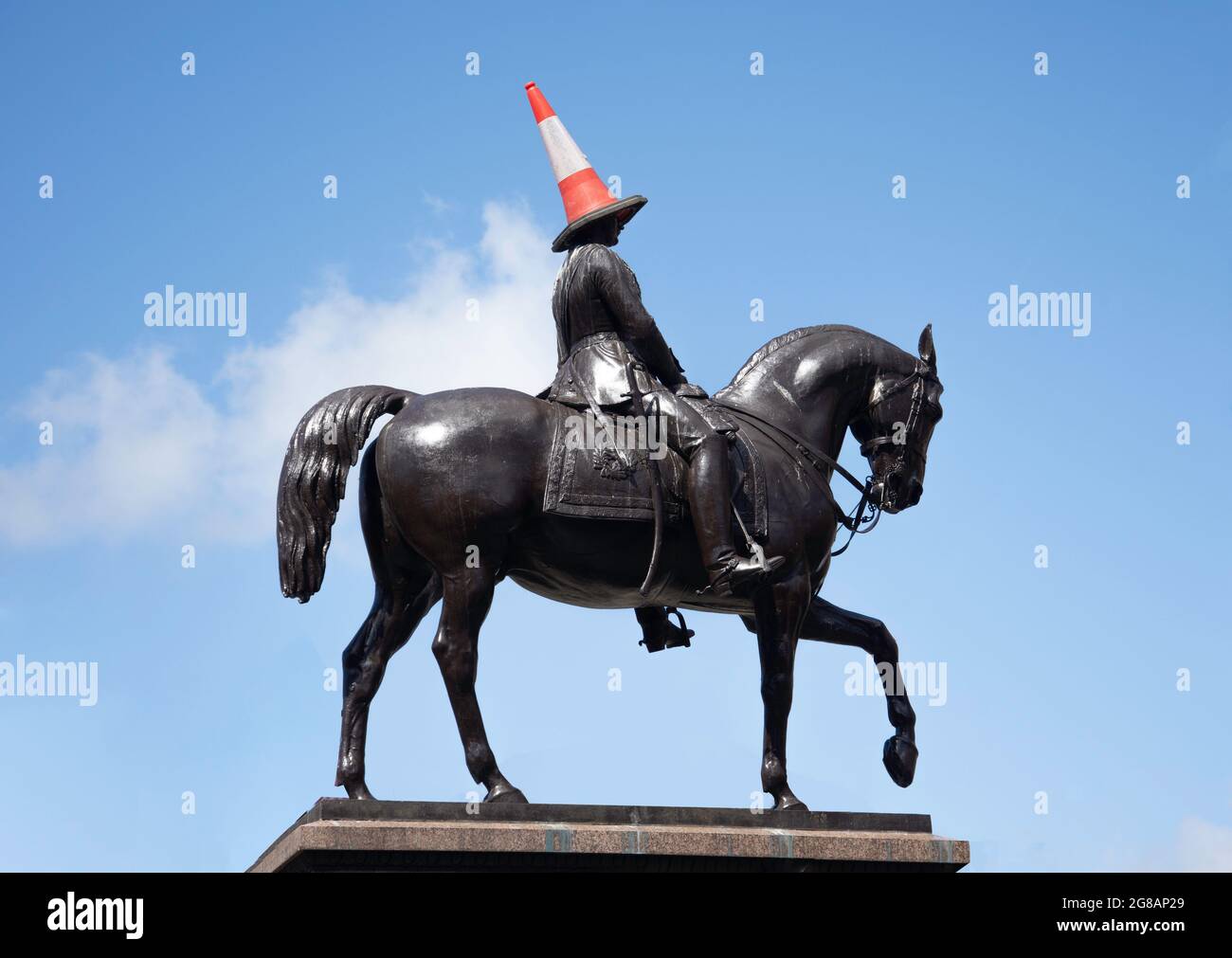 Equestrian statue of The Duke of Wellington with 'traffic bollard' hat, George Square, Glasgow City, Scotland, United Kingdom Stock Photo