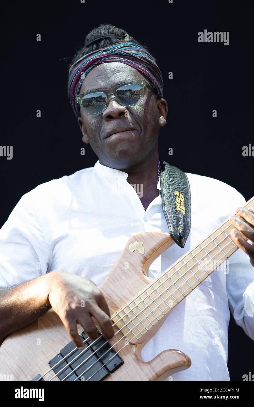 Madrid, Spain. 18th July, 2021. Richard Bona of band Richard Bona & Alfredo  Rodríguez Trio performs live during the 'Noches del Botánico' music  festival in Madrid. (Photo by Atilano Garcia/SOPA Images/Sipa USA)