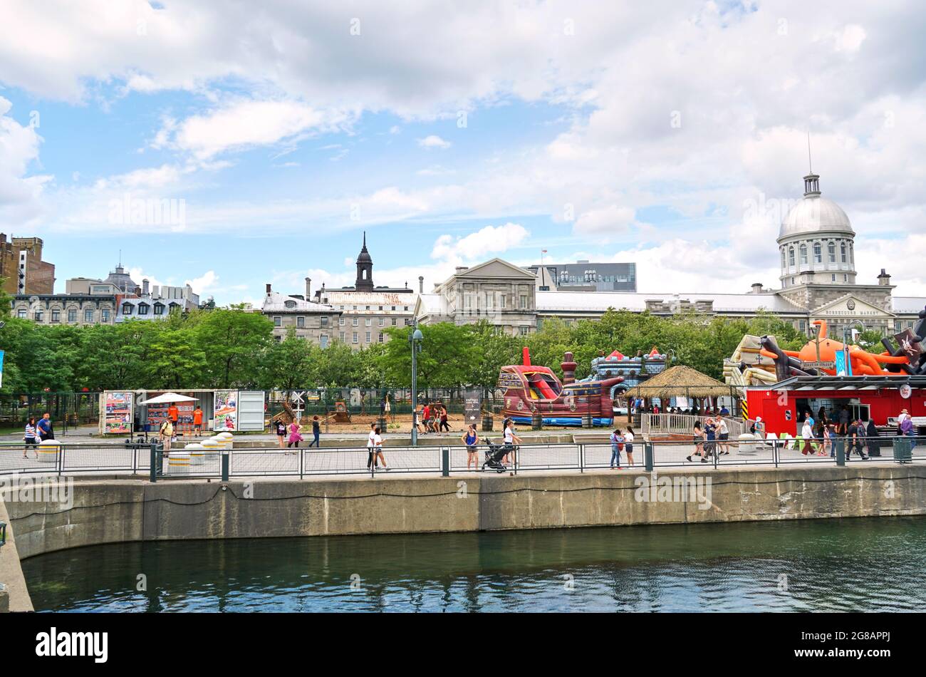 Canada, Montreal - July 11, 2021: Scenic view of Old Port of Montreal. Old Port is historic place, located in between Old Montreal and the St. Lawrenc Stock Photo