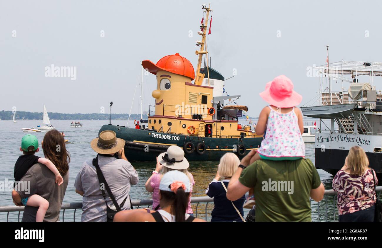 Hamilton Canada. 18th July 2021. People welcome the tugboat Theodore Too upon its arrival at the Port of Hamilton in Hamilton Ontario Canada on July 18 2021. Theodore Too a 65 foot replica