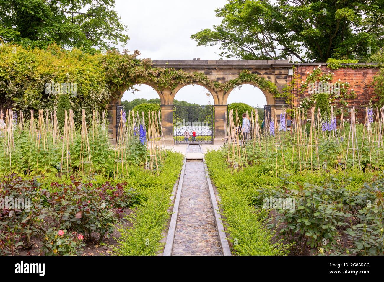 Formal garden plants and brick arches, Alnwick Gardens, Northumberland, UK Stock Photo