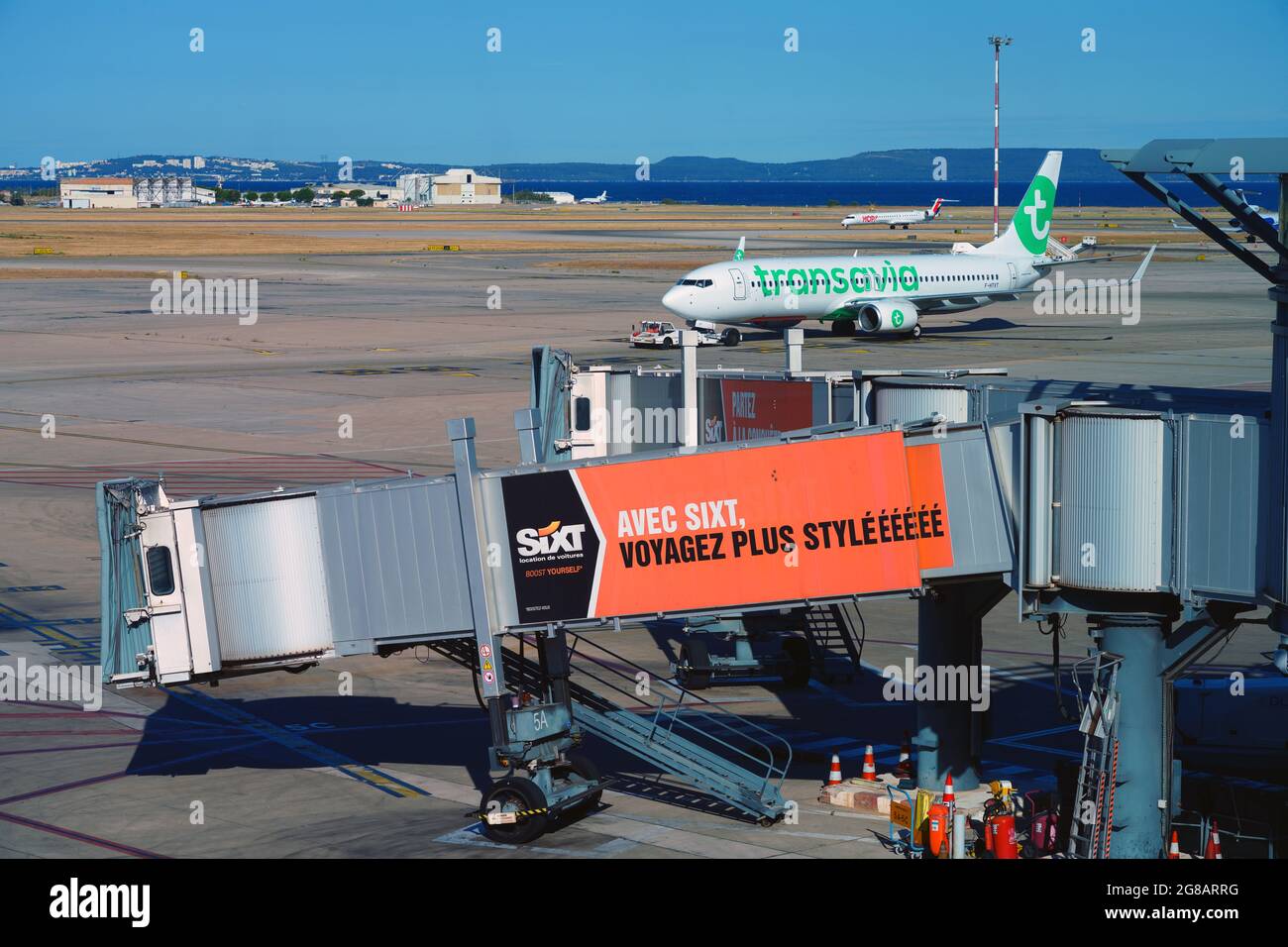 MARSEILLE, FRANCE -29 JUN 2021- View of a Boeing 737-800 airplane from low-cost airline Transavia (HV) at the Marseille Provence Airport (MRS)  in Mar Stock Photo