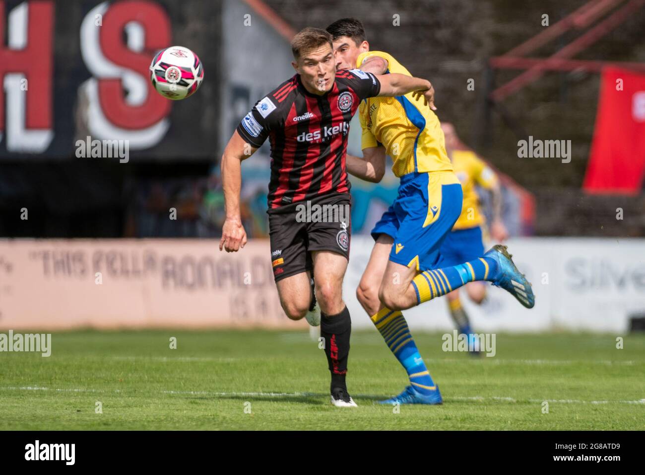 Dublin, Ireland. 18th July, 2021. Robert Manley of Longford and Anthony Breslin of Bohemians fight for the ball during the SSE Airtricity Premier Division match between Bohemians FC and Longford Town at the Dalymount Park in Dublin, Ireland on July 18, 2021 (Photo by Andrew SURMA/SIPA USA). Credit: Sipa USA/Alamy Live News Stock Photo