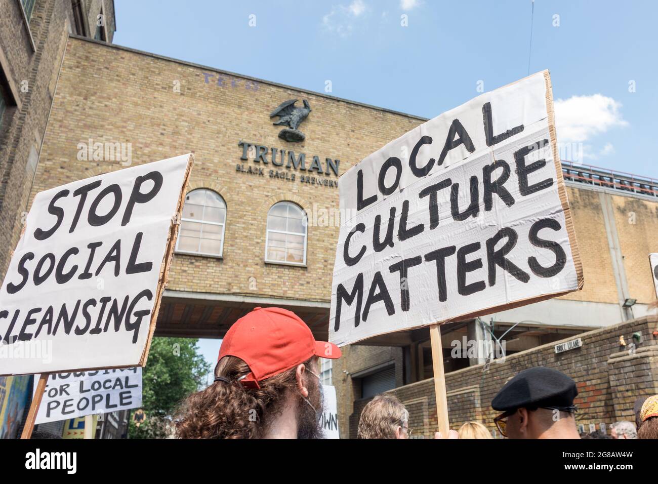 Protestors Hold Placards During The Demonstration The Truman Brewery Complex In London Which Is 