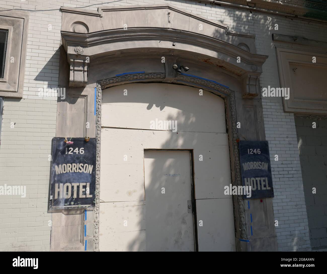 Los Angeles, California, USA 12th July 2021 A general view of The Morrison Hotel where Jim Morrison and the Doors did a photoshoot for their album cover at The Morrison Hotel at 1246 South Hope Street on July 12, 2021 in Hollywood, California, USA. Photo by Barry King/Alamy Stock Photo Stock Photo