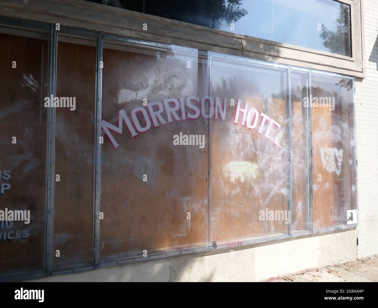 Los Angeles, California, USA 12th July 2021 A general view of The Morrison Hotel where Jim Morrison and the Doors did a photoshoot for their album cover at The Morrison Hotel at 1246 South Hope Street on July 12, 2021 in Hollywood, California, USA. Photo by Barry King/Alamy Stock Photo Stock Photo