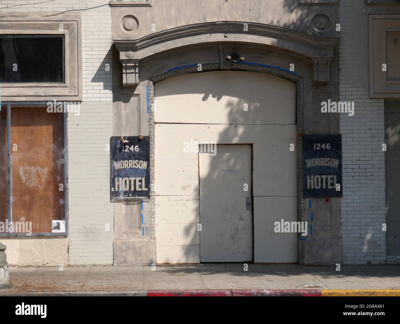 Los Angeles, California, USA 12th July 2021 A general view of The Morrison Hotel where Jim Morrison and the Doors did a photoshoot for their album cover at The Morrison Hotel at 1246 South Hope Street on July 12, 2021 in Hollywood, California, USA. Photo by Barry King/Alamy Stock Photo Stock Photo