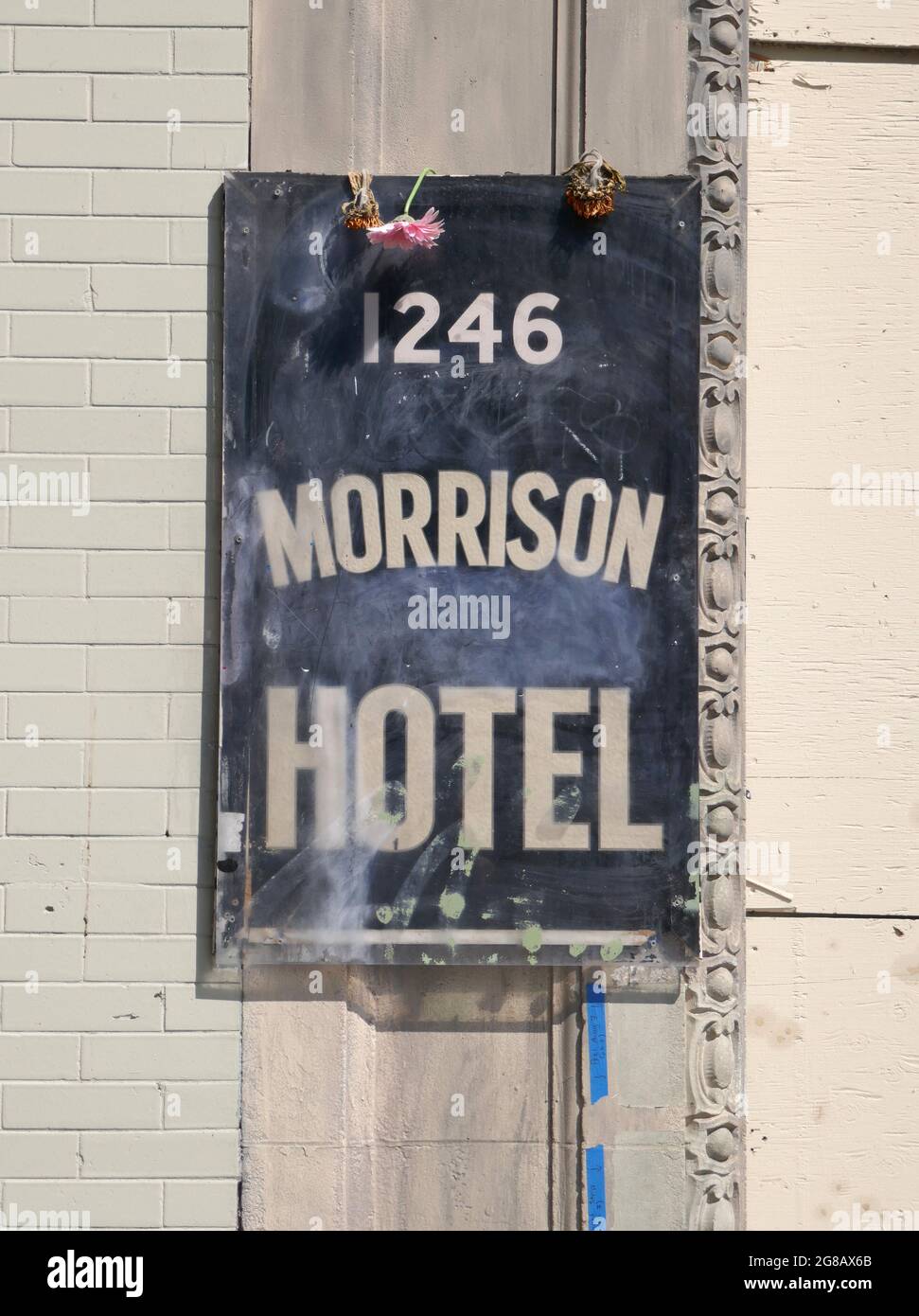 Los Angeles, California, USA 12th July 2021 A general view of The Morrison Hotel where Jim Morrison and the Doors did a photoshoot for their album cover at The Morrison Hotel at 1246 South Hope Street on July 12, 2021 in Hollywood, California, USA. Photo by Barry King/Alamy Stock Photo Stock Photo