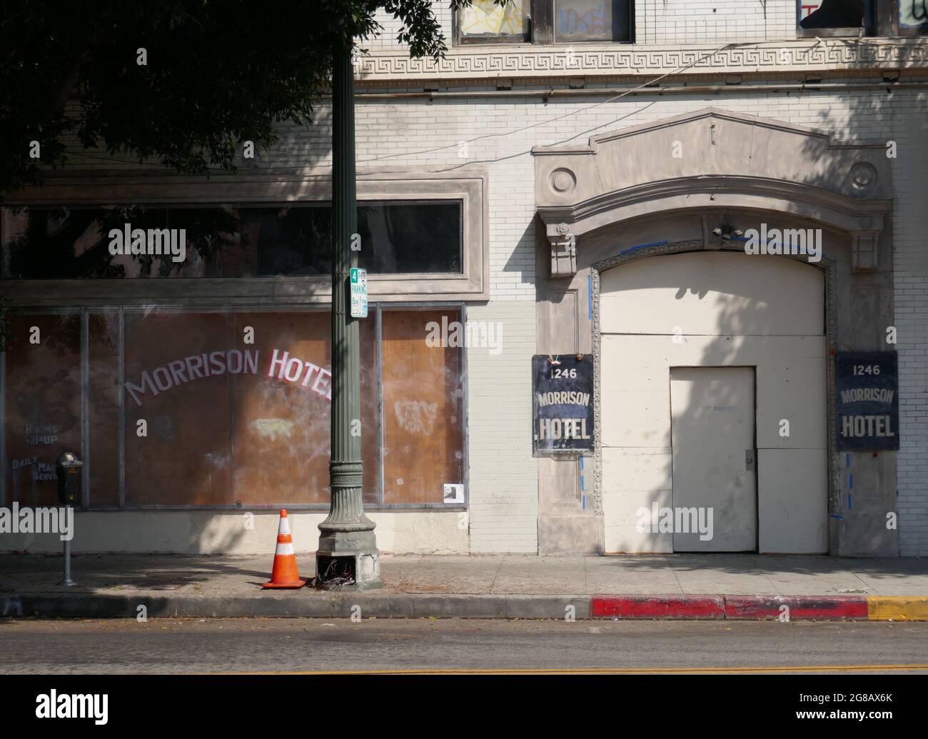 Los Angeles, California, USA 12th July 2021 A general view of The Morrison Hotel where Jim Morrison and the Doors did a photoshoot for their album cover at The Morrison Hotel at 1246 South Hope Street on July 12, 2021 in Hollywood, California, USA. Photo by Barry King/Alamy Stock Photo Stock Photo