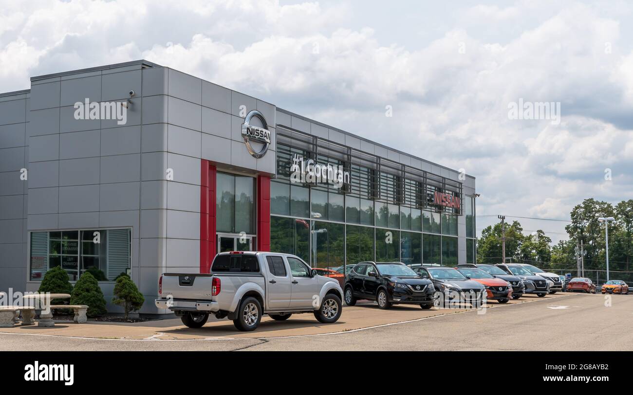 Cars parked in front of the 1 Cochran Nissan Monroeville car dealership, Wilkins Township