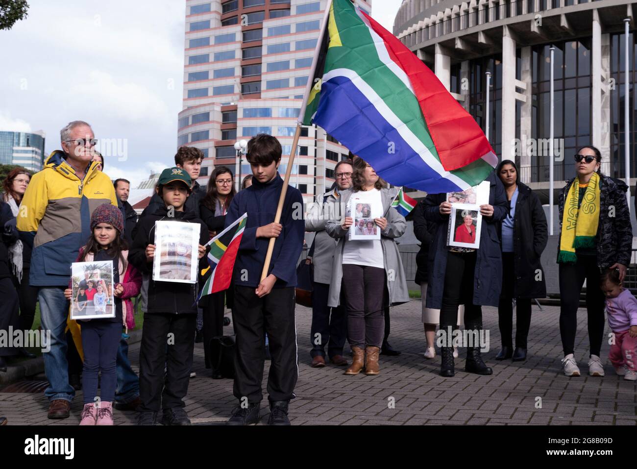 WELLINGTON, New Zealand - 19 July 2021 - A group of South African expatriates protest outside the New Zeland parliament to high light the plight of th Stock Photo