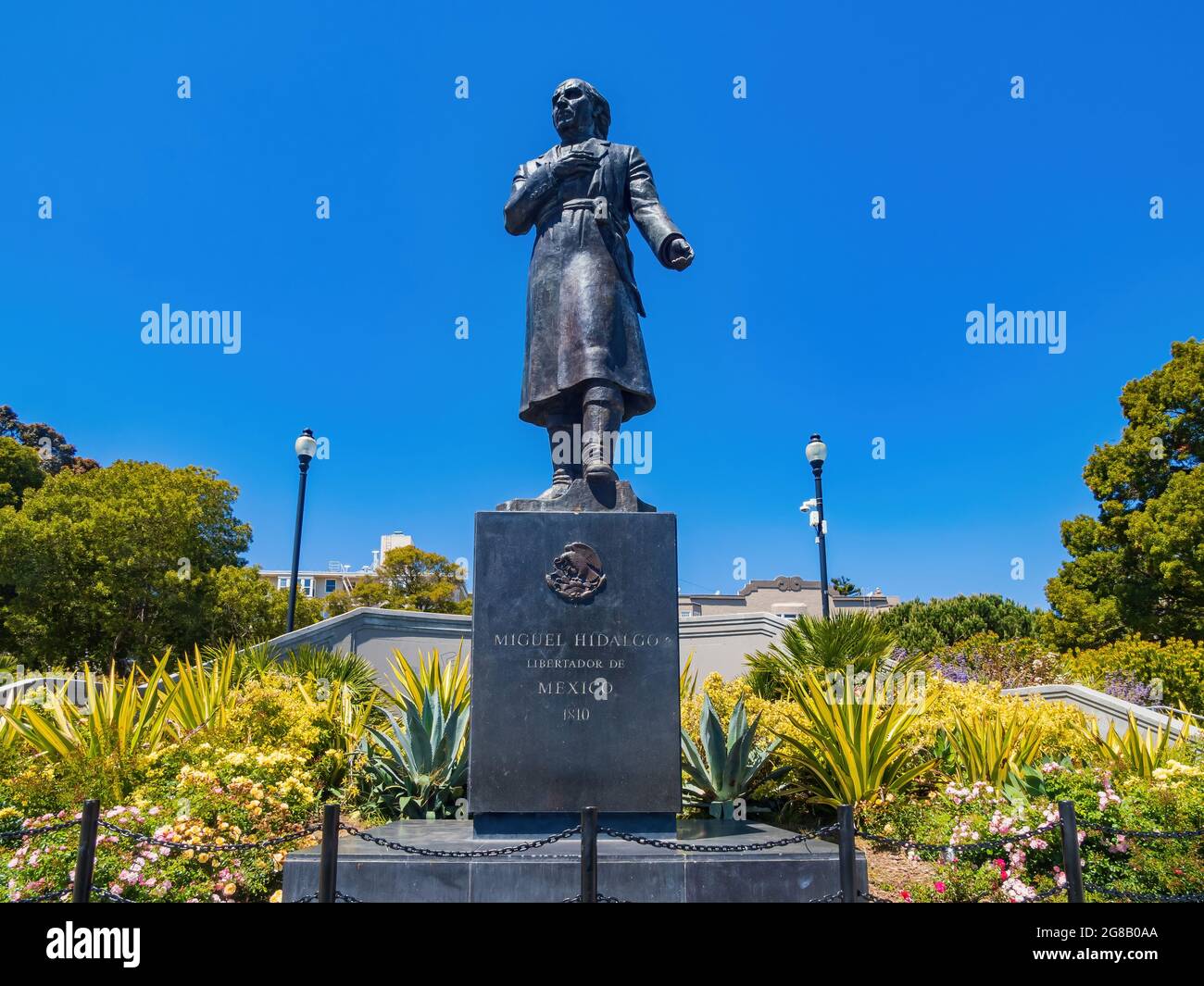 Sunny view of the Miguel Hidalgo statue in the Mission Dolores Park at San Francisco Stock Photo