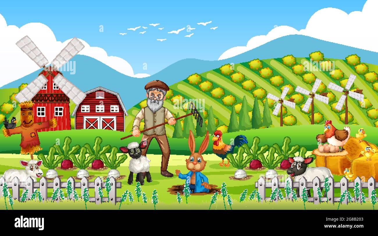 Farm at daytime scene with old farmer man and farm animals illustration ...