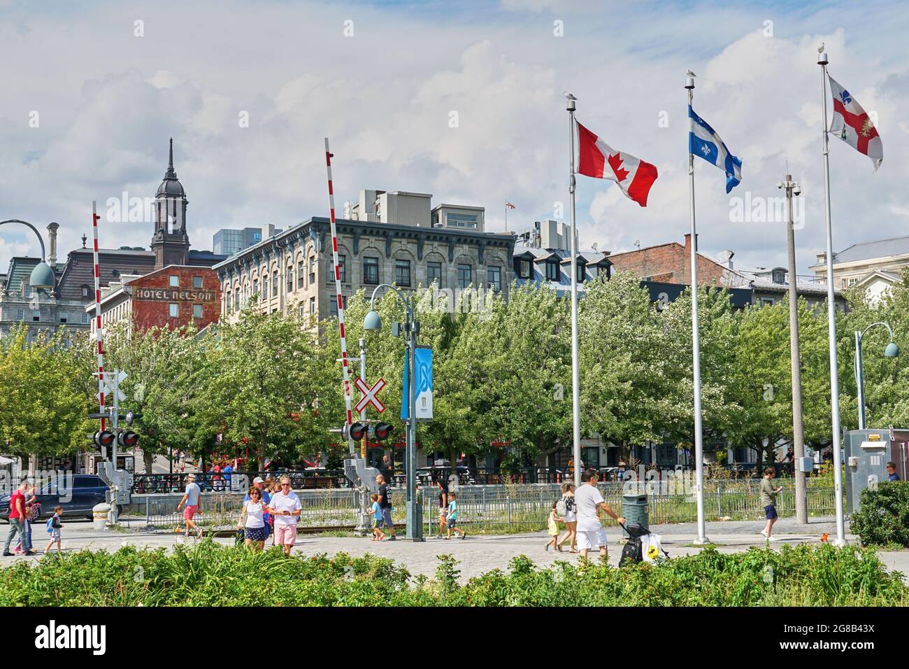 Canada, Montreal - July 11, 2021: Scenic view of Old Port of Montreal. Old Port is historic place, located in between Old Montreal and the St. Lawrenc Stock Photo