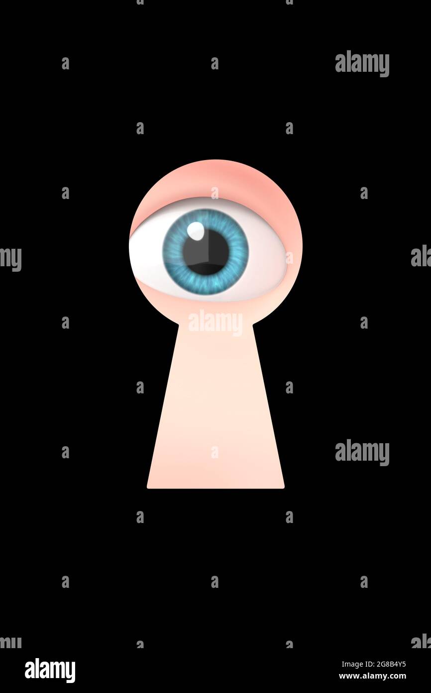 Young Boy Eye Peeking Through a Keyhole . 3D Cartoon Character. Stock Photo