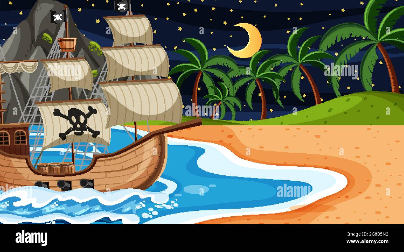 Ocean with Pirate ship at night scene in cartoon style illustration ...