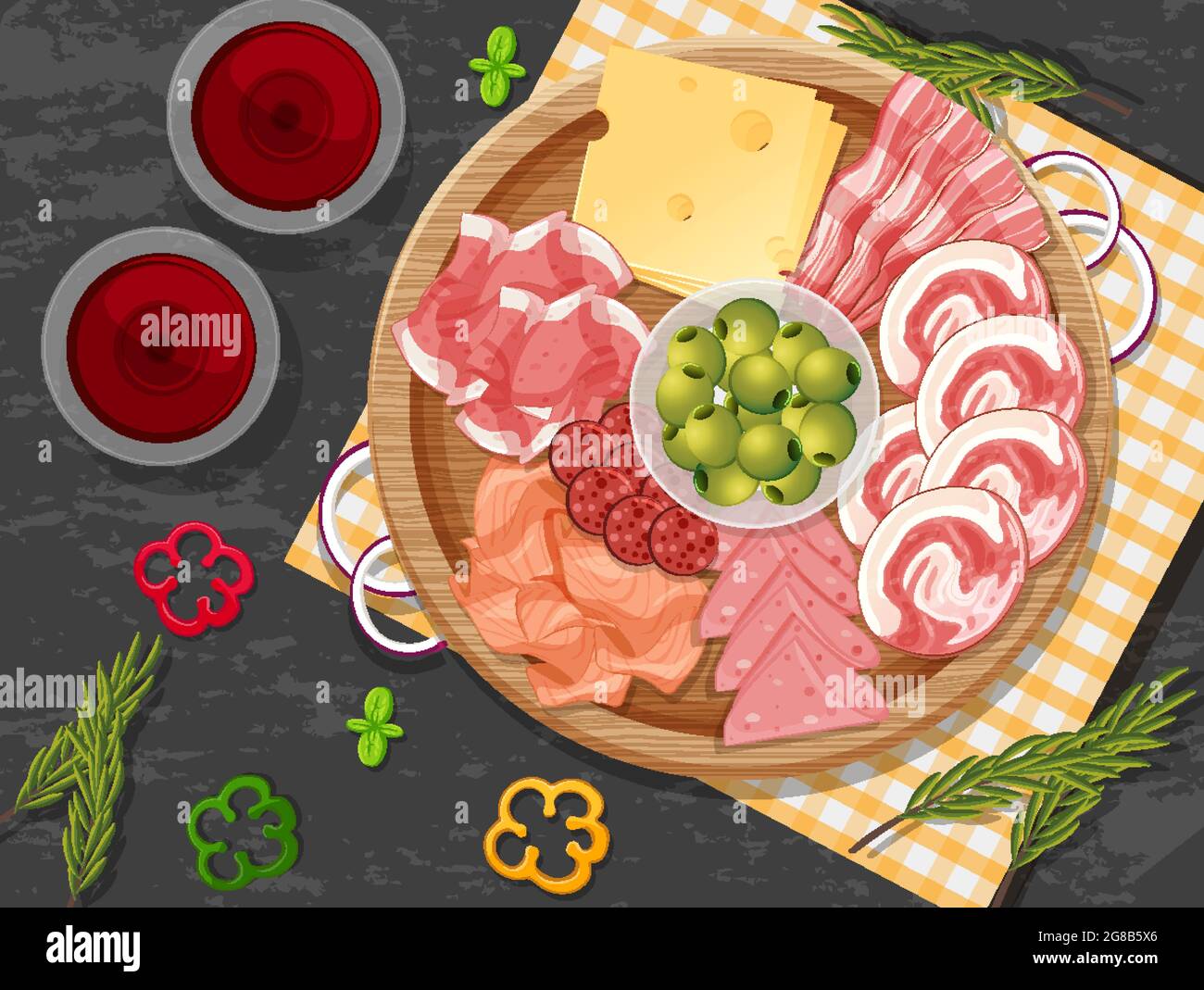 Platter of cold cuts and smoked meat on the table background illustration Stock Vector