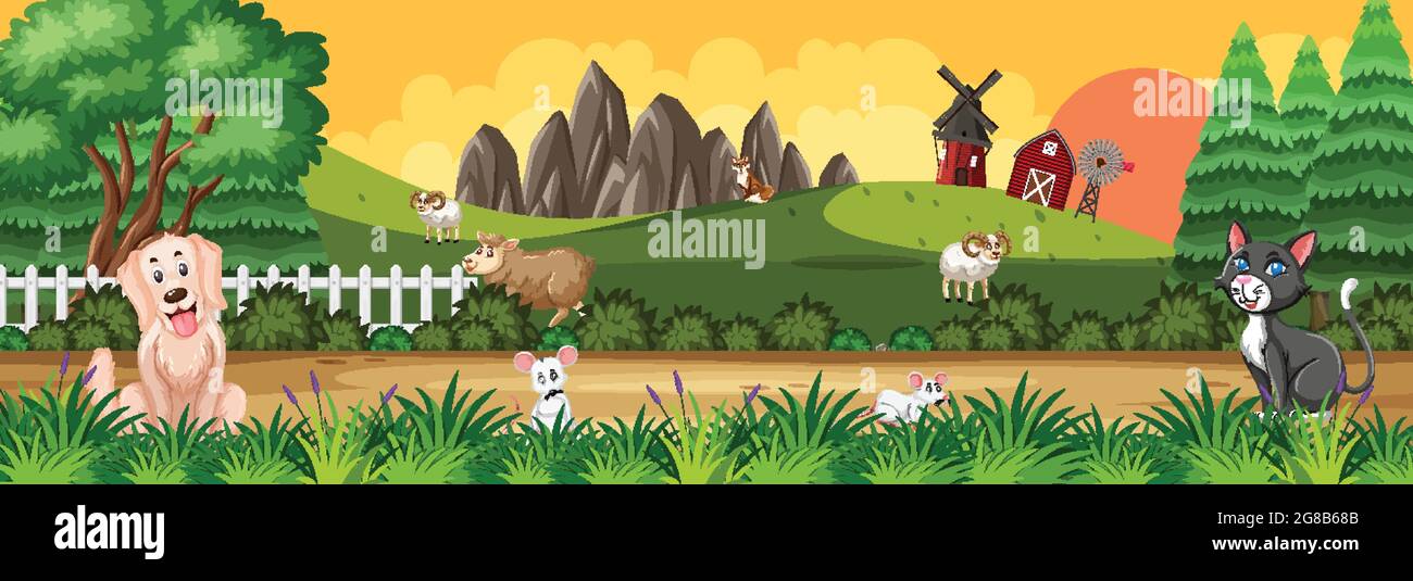 Panorama landscape scene with various farm animals in the farm ...