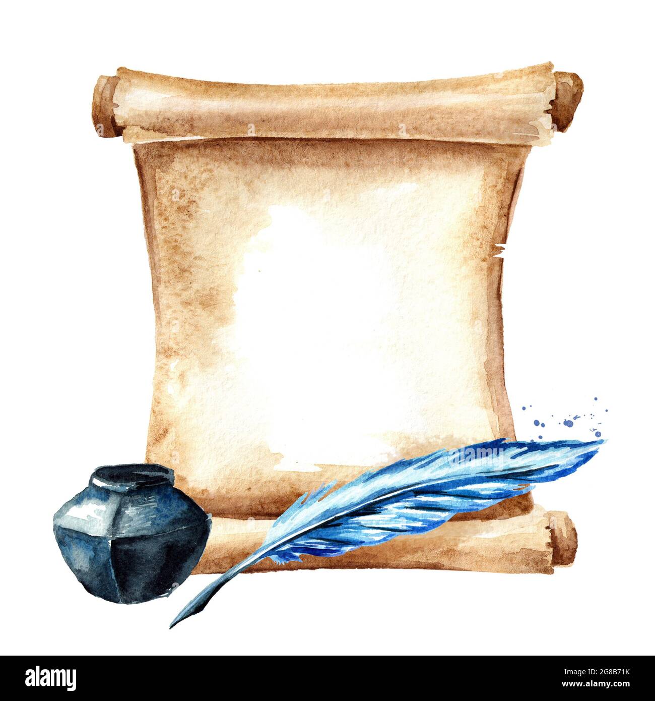 Old paper scroll with pen and inkwell. Watercolor hand drawn