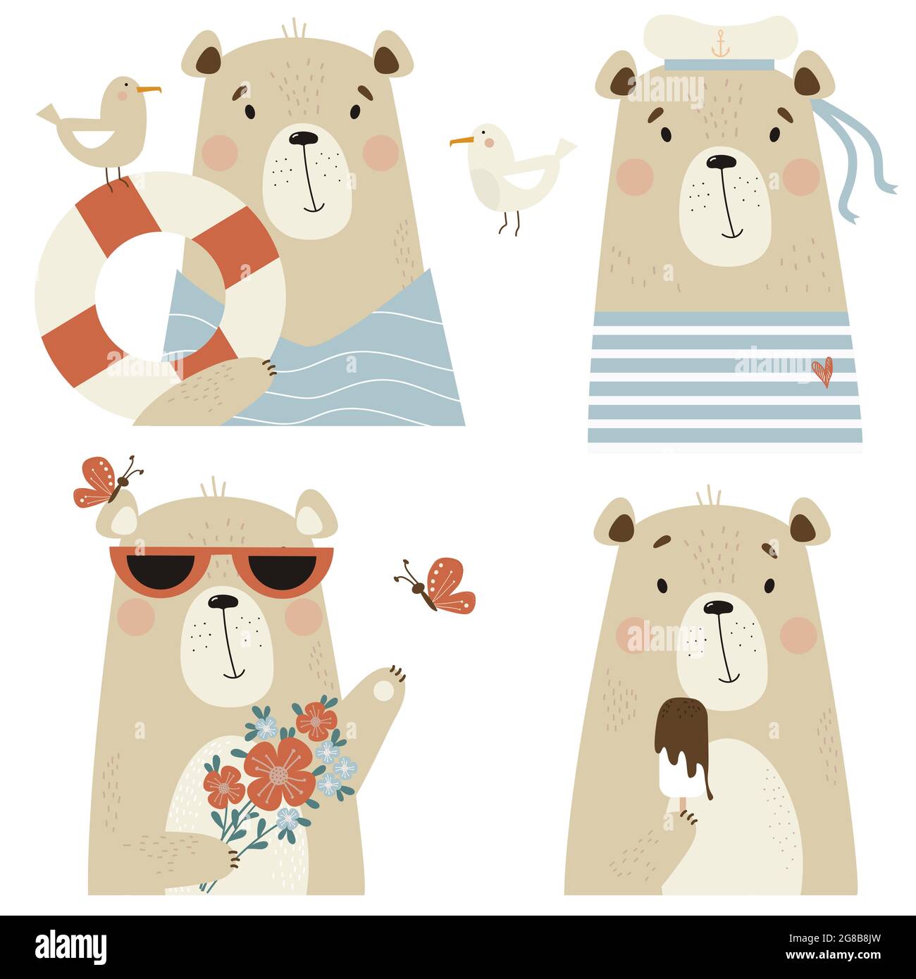 Set of cute bears. A sailor in a hat and striped vest, with a seagull and a lifebuoy, in sunglasses with flowers and butterflies, ice cream. Vector Stock Vector