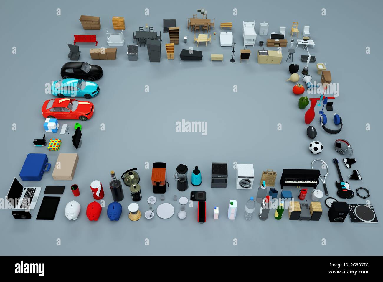 3D graphics, lots of 3D models of home appliances and furniture. Collection of items. Computer graphics. Top view. Isolated objects on a gray backgrou Stock Photo