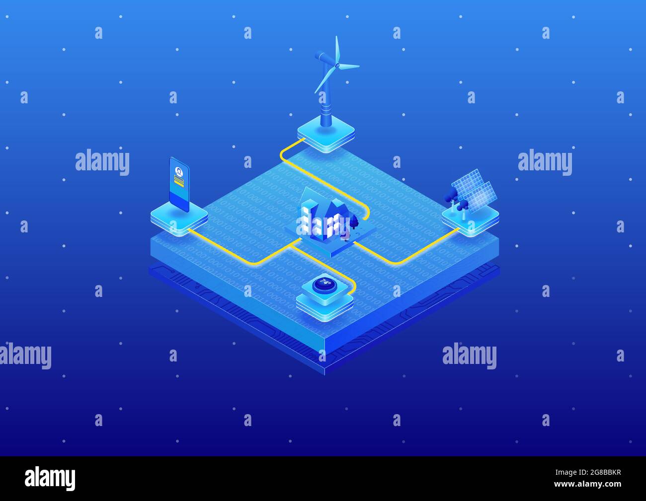 Smart home powered by renewable green energy concept as isometric 3D vector illustration. Solar panel, wind turbine to generate energy for a green hou Stock Vector