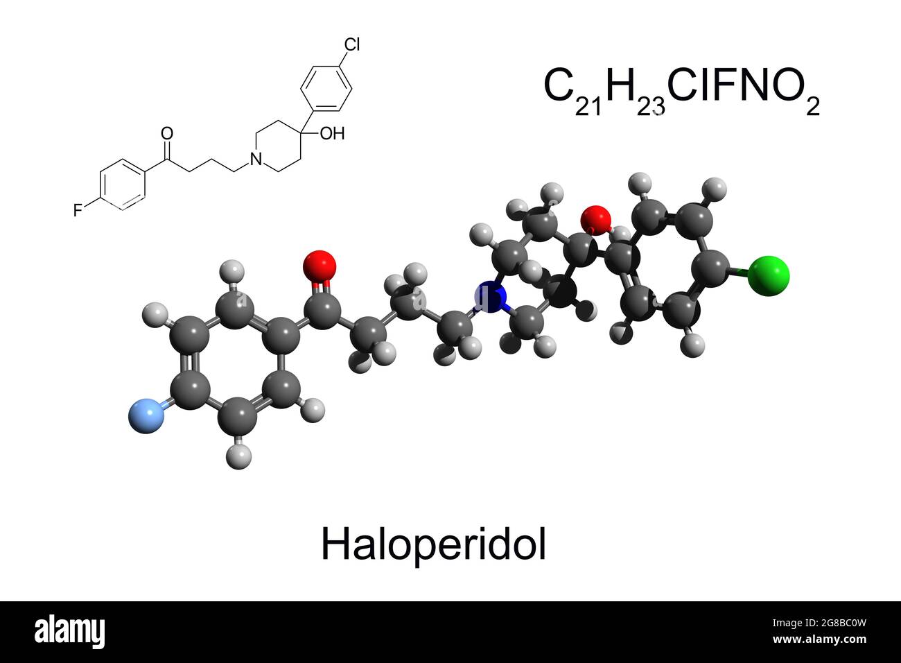 Chemical formula, skeletal formula, and ball-and-stick model of antipsychotic drug haloperidol, white background Stock Photo