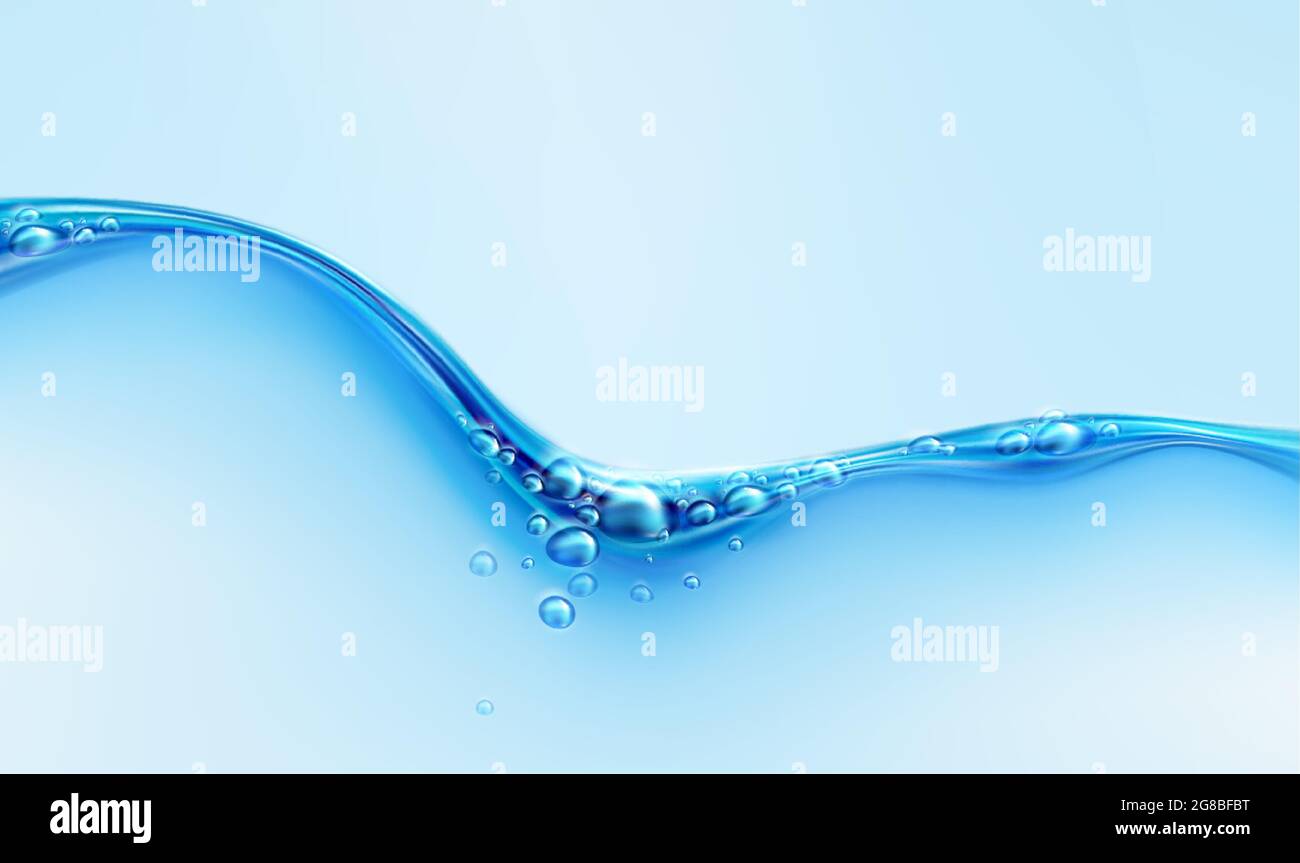 Blue transparent water wave splash with bubbles isolated on blue ...