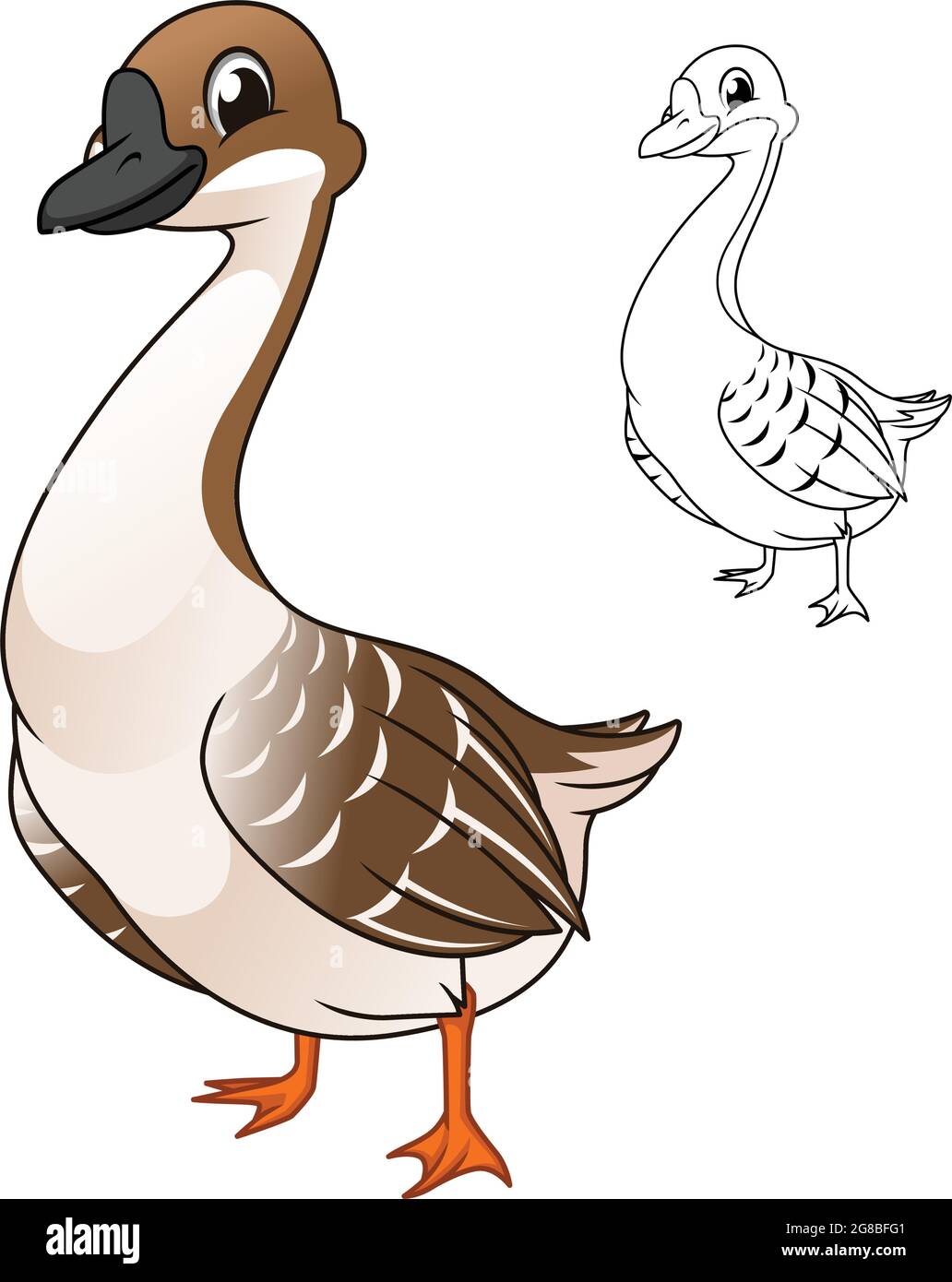 Cute Brown Chinese Goose Standing with Line Art Drawing, Animal