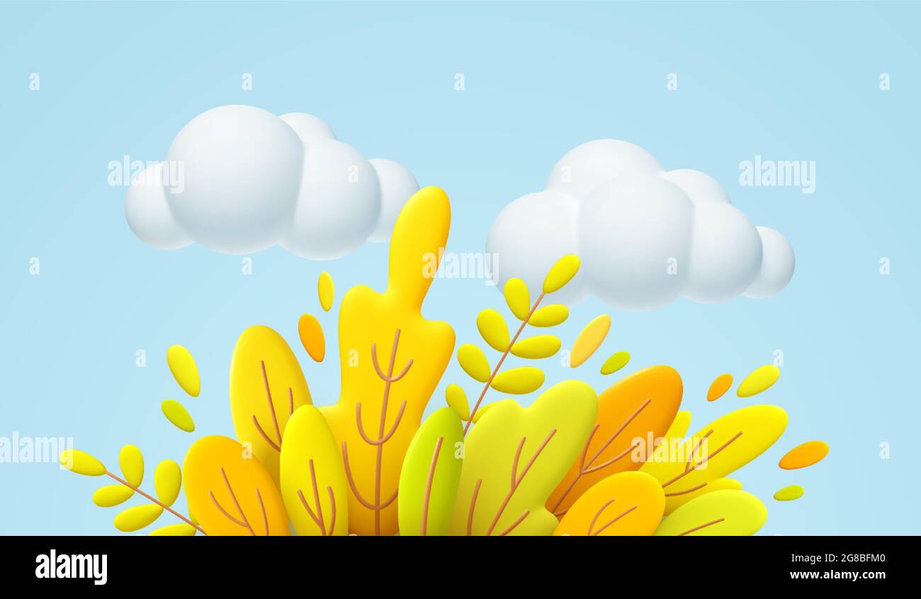 Hello Autumn 3d minimal illustration with autumn yellow, orange leaves and white cloud isolated on blue background. 3d Fall leaves background for the Stock Vector