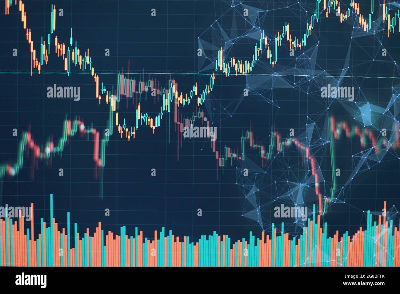 Technical price graph and indicator, red and green candlestick chart on  blue theme screen, market volatility, up and down trend. Stock trading,  crypto Stock Photo - Alamy