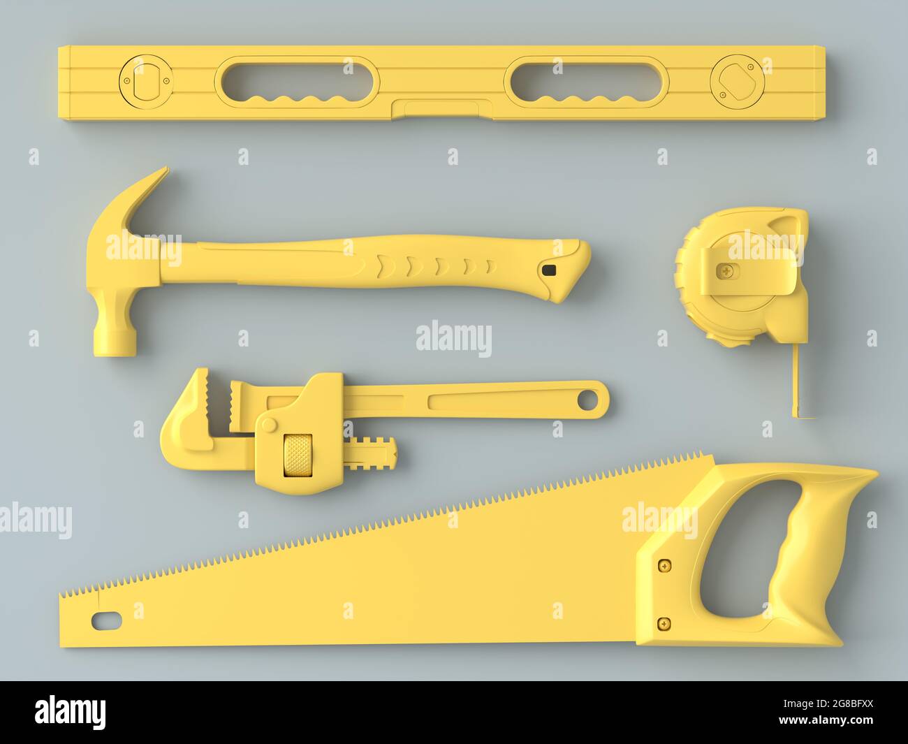 Top view of monochrome construction tools for repair and installation on grey and yellow background. 3d rendering and illustration of service banner f Stock Photo