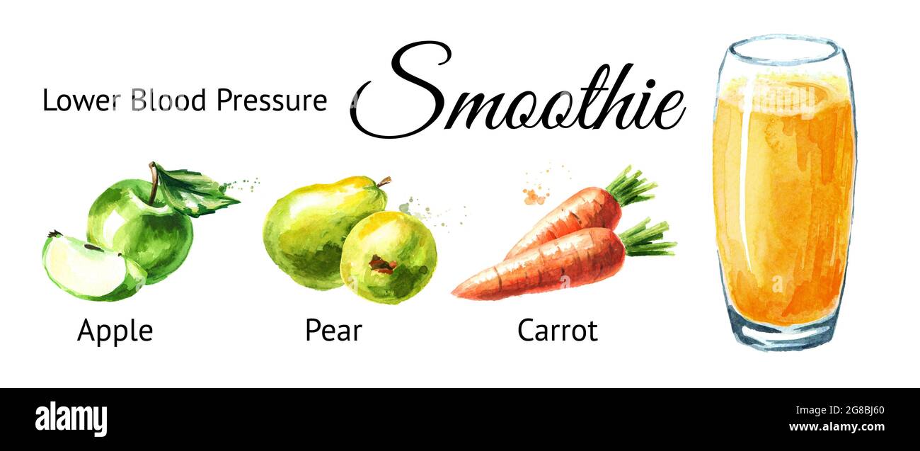 Lower Blood Pressure smoothie with Apple, pear and carrot. Watercolor