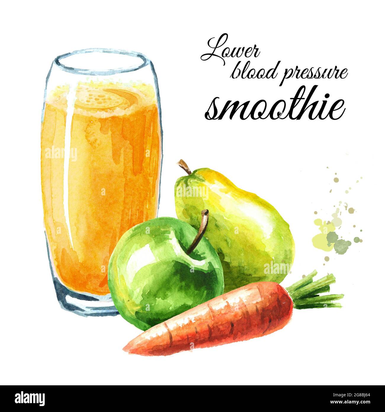 Lower Blood Pressure smoothie with Apple, pear and carrot. Watercolor