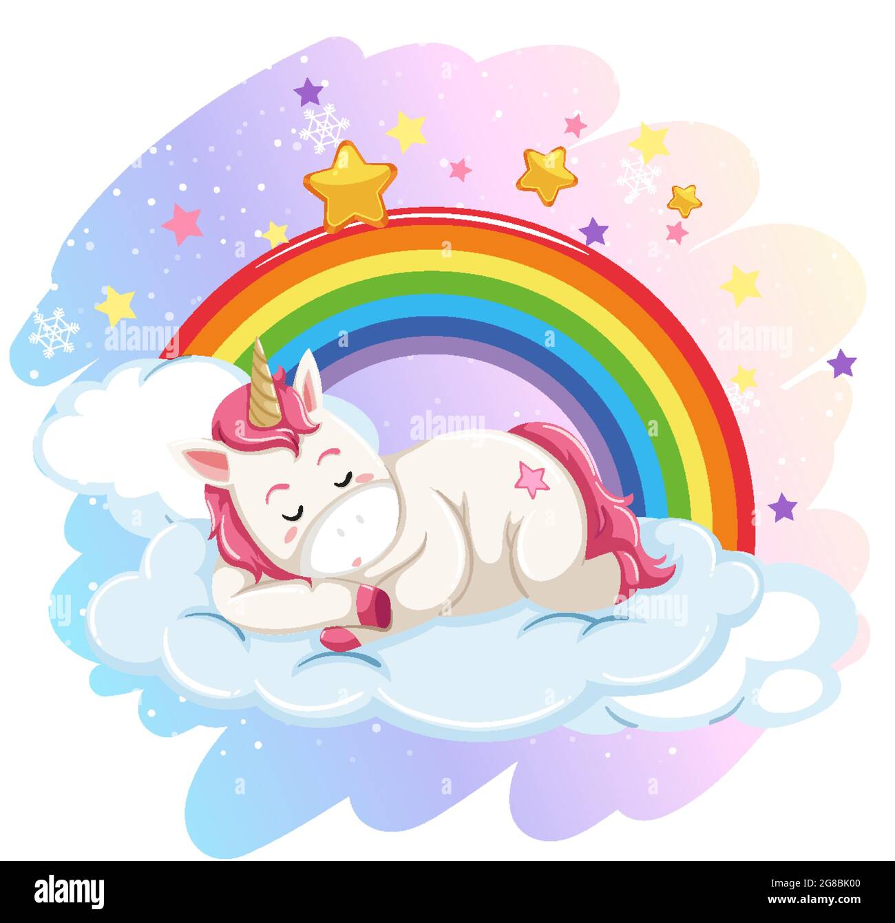 Cute unicorn laying on cloud in the pastel sky with rainbow ...