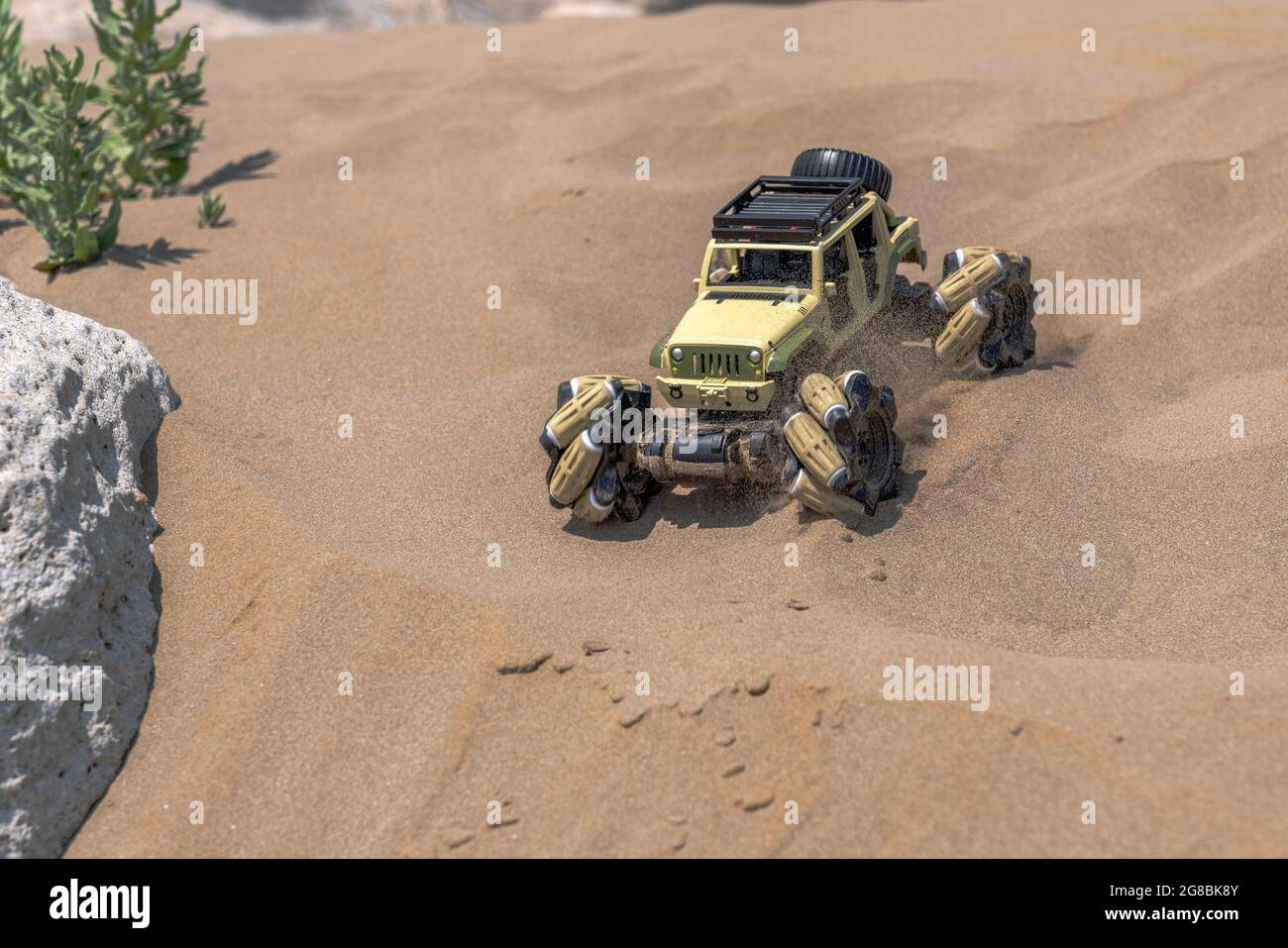 Radio controlled buggy car with electric engine on sand. Off road rally Stock Photo