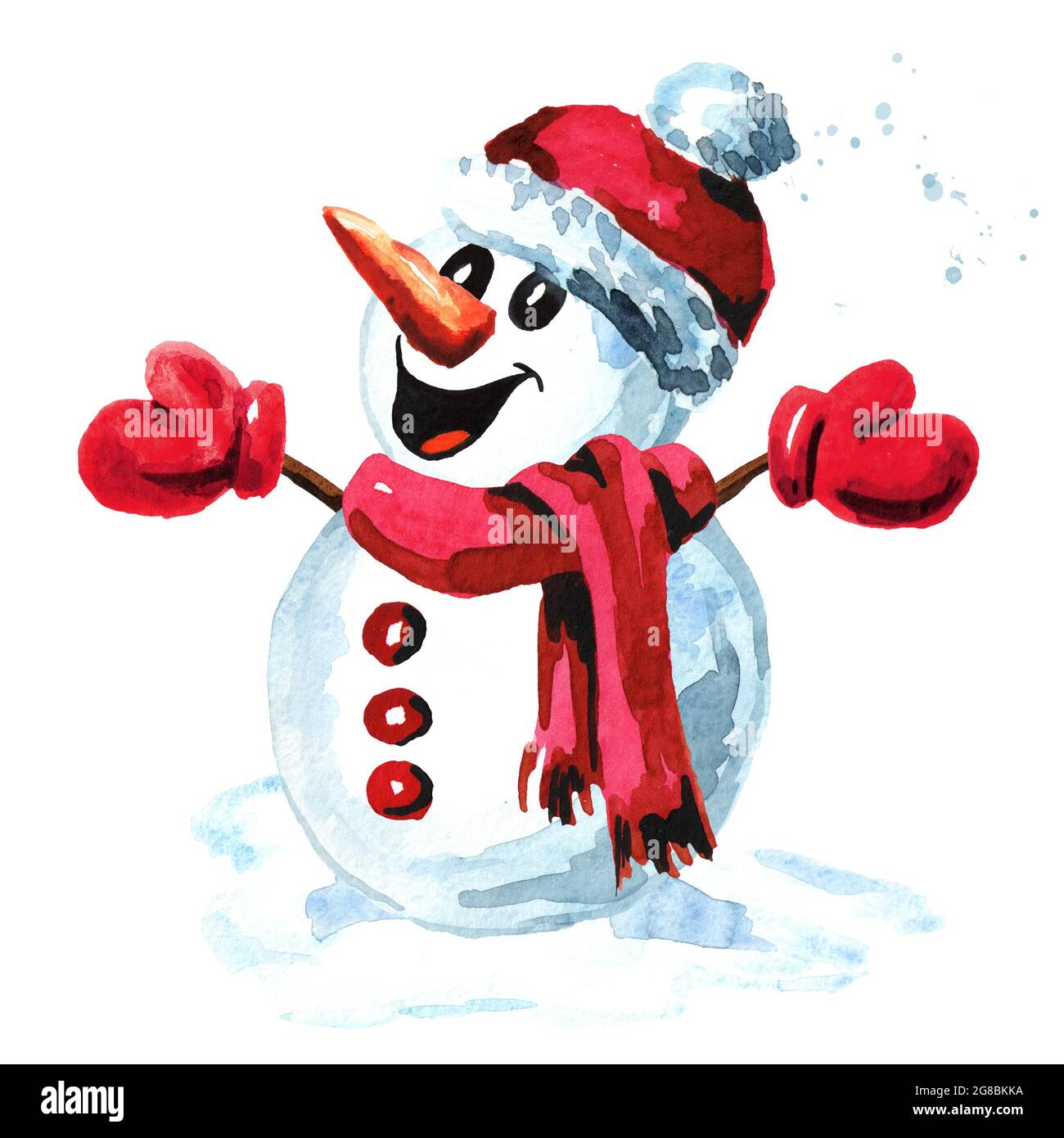 Happy snowman in a red cap, scarf and mittens. Watercolor hand drawn ...